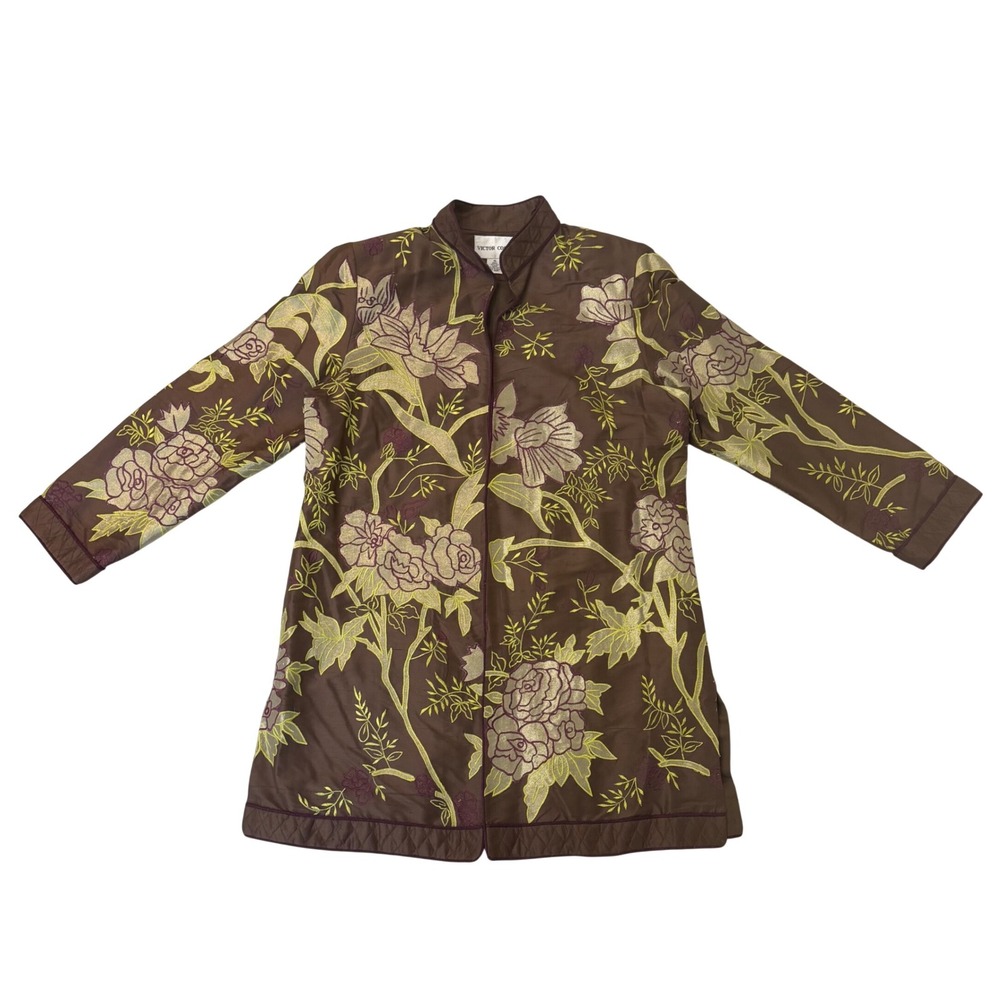 Vintage Victor Costa XL Silk Duster Embroidered Floral Mandarin Long Jacket 90s